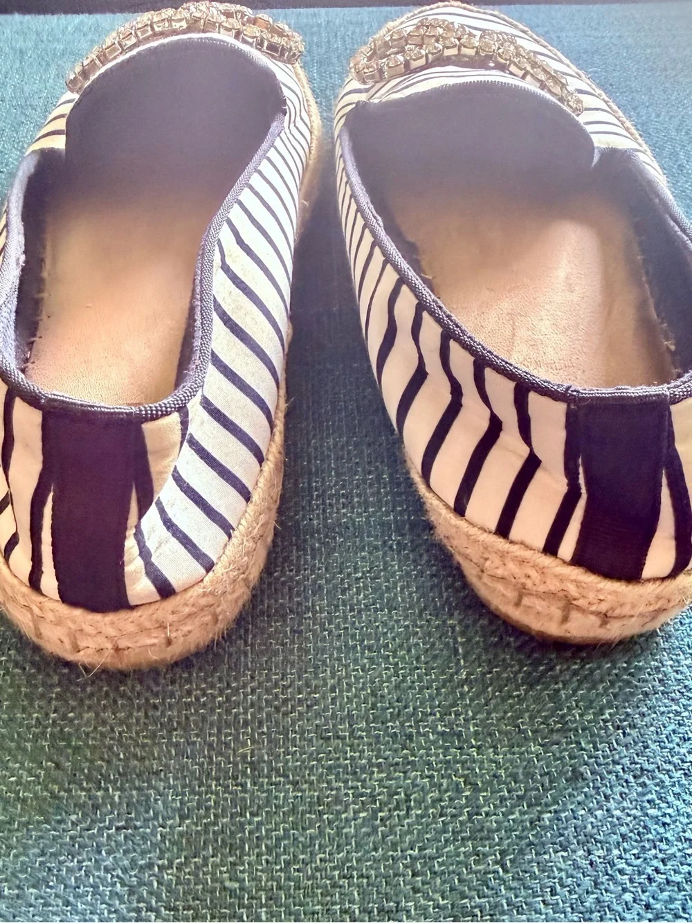 Striped Navy and White Slip-On Espadrilles with Crystal Bow